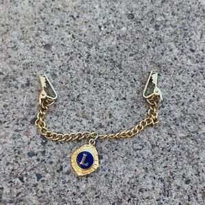 Lions International Sweater Guard Clip Chain Gold Tone Blue Enamel Badge Charm